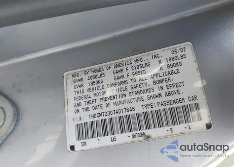 2007 Honda Accord 2.4 Lx из США, поврежденный, VIN 1HGCM72307A017646